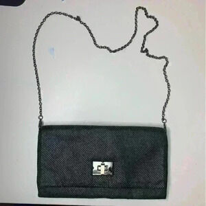 BCBG Maxazria Evening Clutch Handbag Black Metal Chain Strap.
